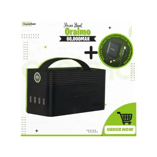 Oraimo 22.5W Super Fast 5 Output Port LED Light 60000mA Power Bank + Free Charger 